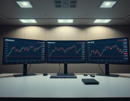 Three digital monitors showing sideways cryptocurrency price charts for Bitcoin, Ethereum, and XRP in a professional newsroom setting.