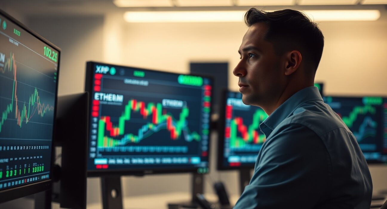 Trader analyzing Bitcoin, Ethereum, and XRP price charts on multiple monitors in a modern trading office.