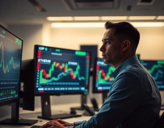 Trader analyzing Bitcoin, Ethereum, and XRP price charts on multiple monitors in a modern trading office.