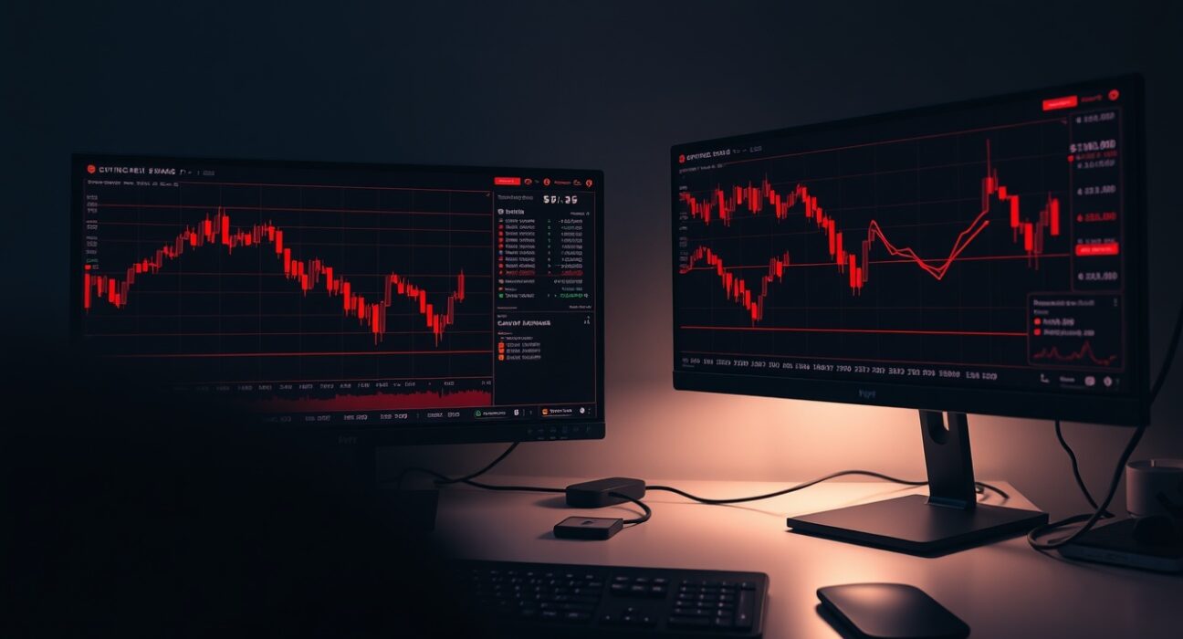 Trading monitors showing downward-trending cryptocurrency charts in a dimly lit office, representing market pressure on Bitcoin, Ethereum, and XRP.