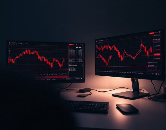 Trading monitors showing downward-trending cryptocurrency charts in a dimly lit office, representing market pressure on Bitcoin, Ethereum, and XRP.