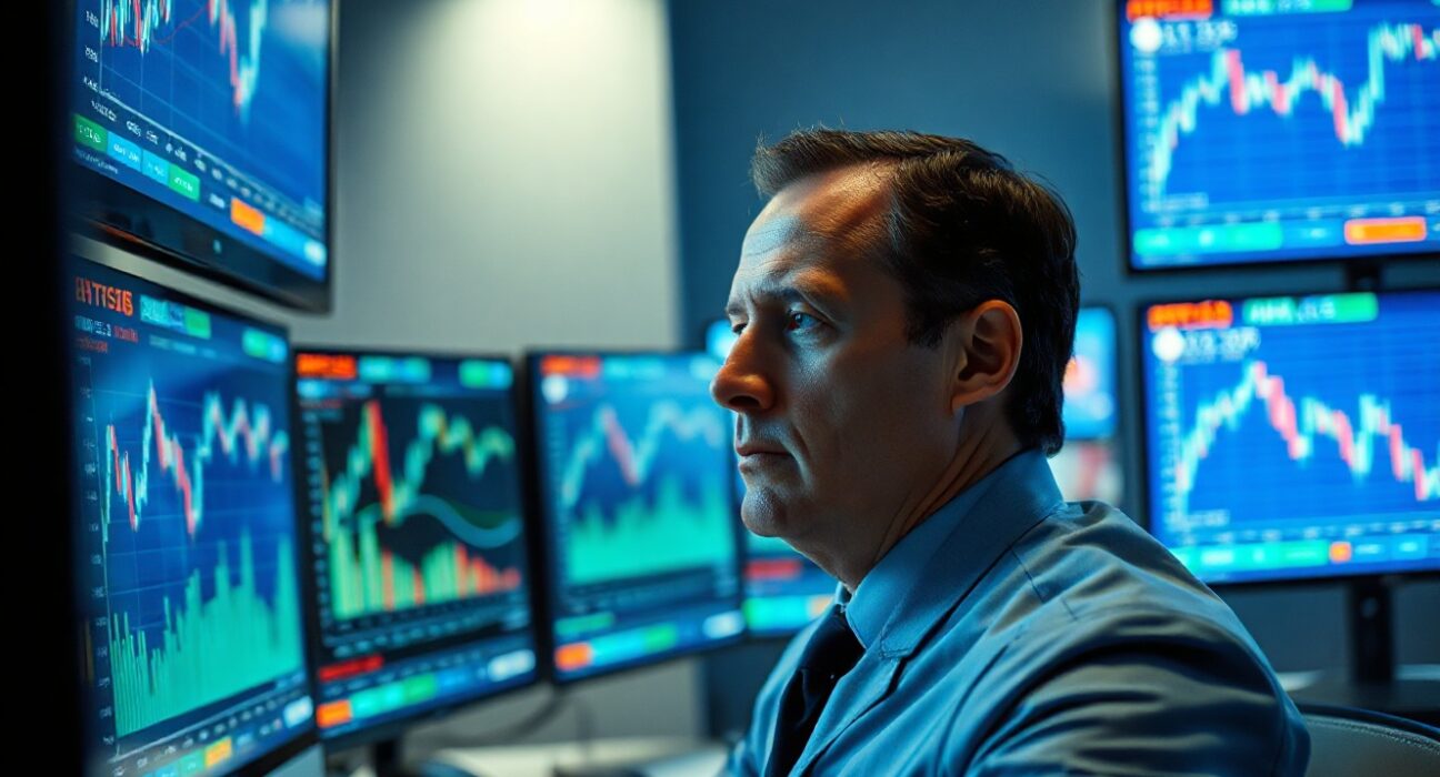 Trader analyzing Bitcoin price and fund flow data on multiple monitors in a professional trading environment.
