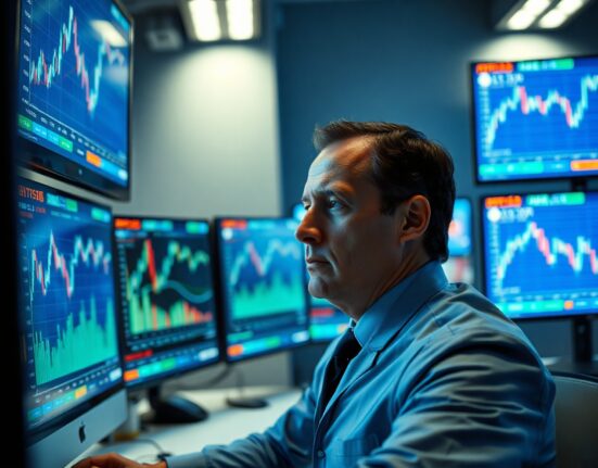 Trader analyzing Bitcoin price and fund flow data on multiple monitors in a professional trading environment.