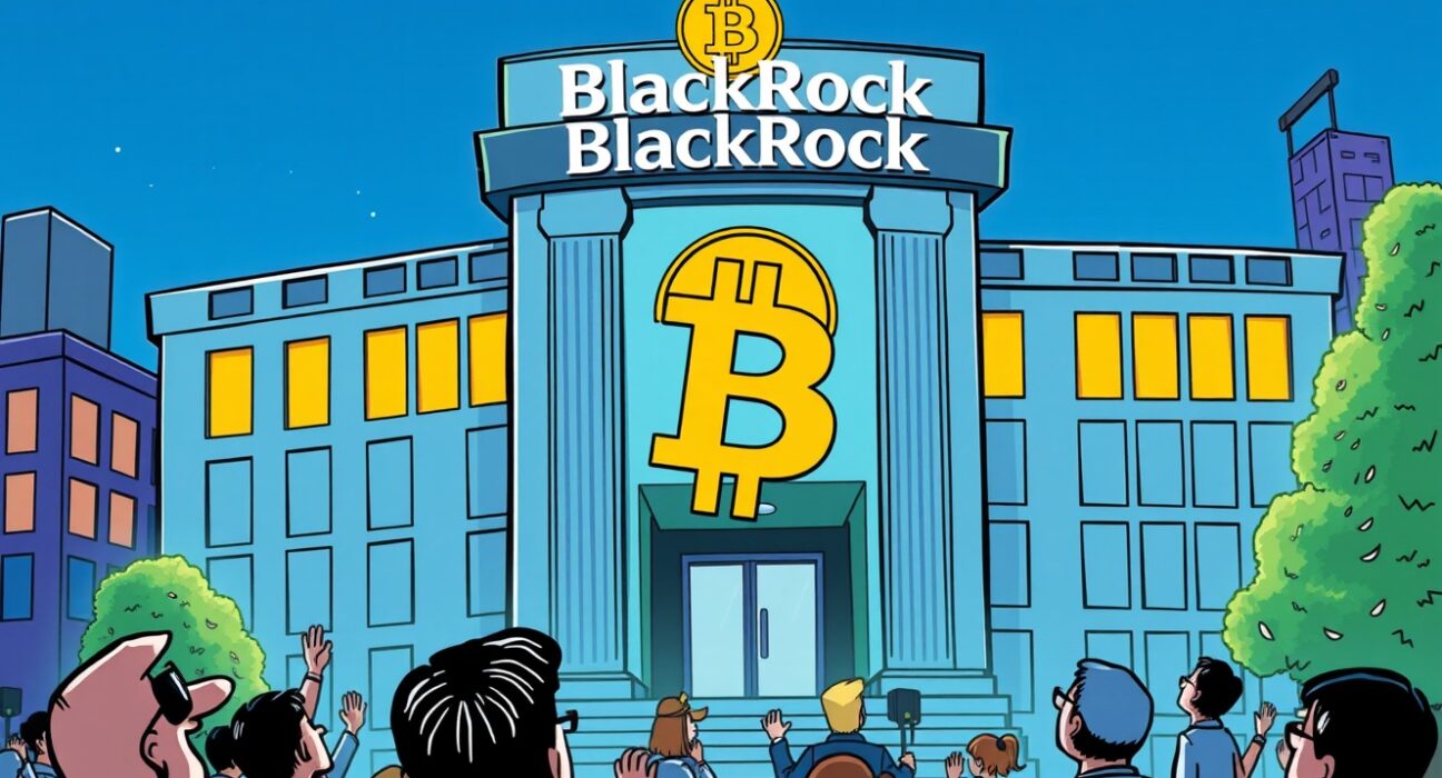 A cartoon illustration showing the BlackRock building, a prominent Bitcoin ETP, attracting new investors in the UK.