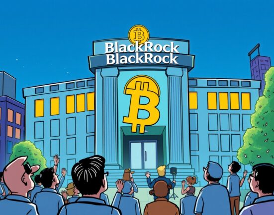 A cartoon illustration showing the BlackRock building, a prominent Bitcoin ETP, attracting new investors in the UK.