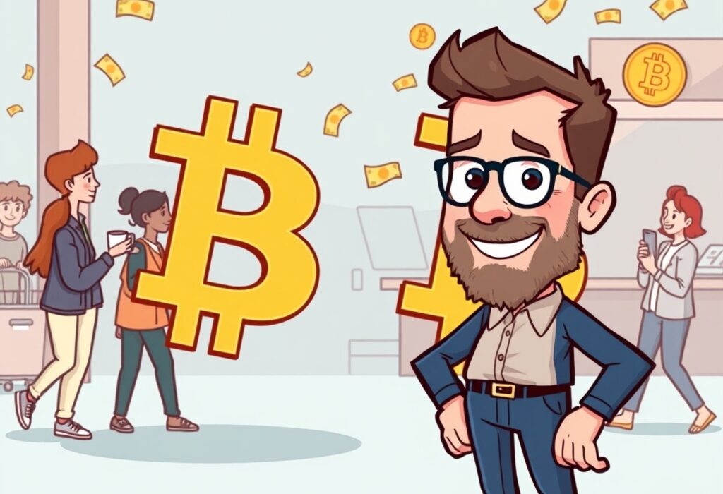 A cartoon illustration depicting Jack Dorsey's vision for Bitcoin as everyday money, showing seamless financial transactions.