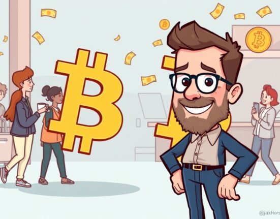 A cartoon illustration depicting Jack Dorsey's vision for Bitcoin as everyday money, showing seamless financial transactions.