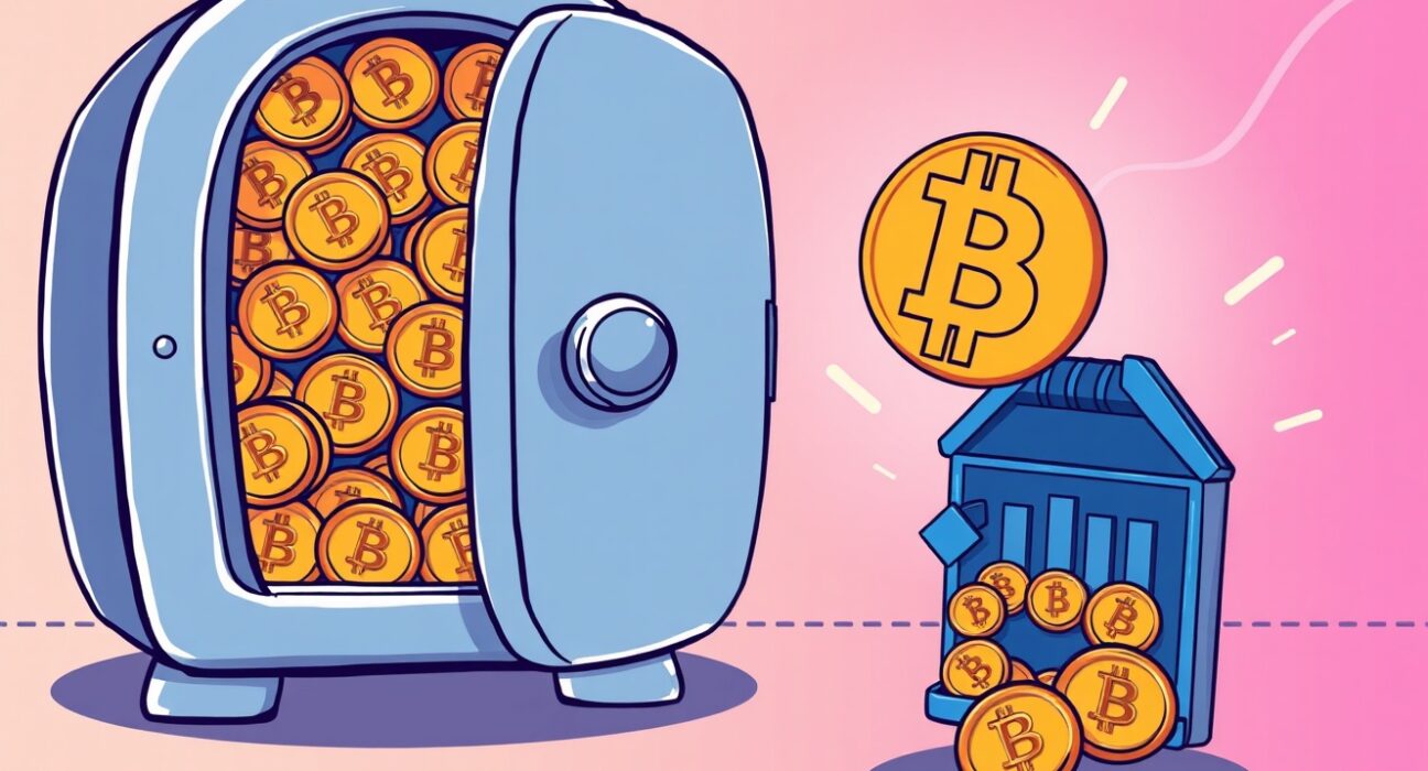 A vibrant cartoon shows Bitcoin exchange balances decreasing as investors move BTC to safer storage.