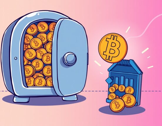 A vibrant cartoon shows Bitcoin exchange balances decreasing as investors move BTC to safer storage.