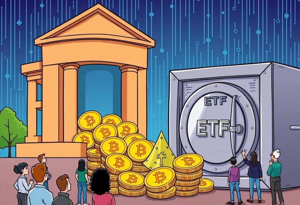 A cartoon image illustrating a significant shift in Bitcoin exchange balances, as coins move from trading platforms into secure ETF vaults.
