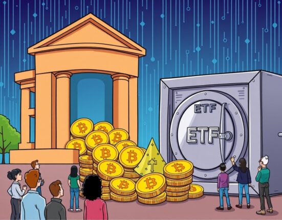 A cartoon image illustrating a significant shift in Bitcoin exchange balances, as coins move from trading platforms into secure ETF vaults.
