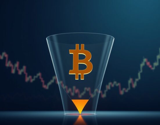Bitcoin flowing into an exchange, representing the surge in deposits and potential sell pressure.