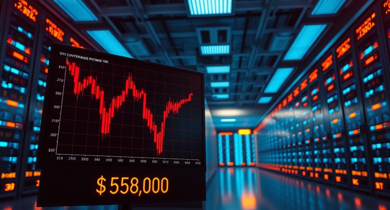 Bitcoin price chart showing decline with red candlesticks in a cryptocurrency exchange server room