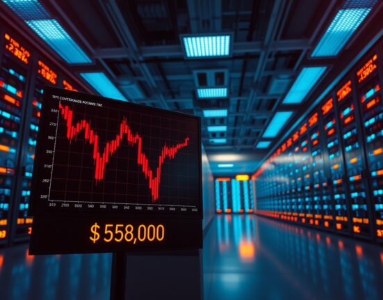 Bitcoin price chart showing decline with red candlesticks in a cryptocurrency exchange server room