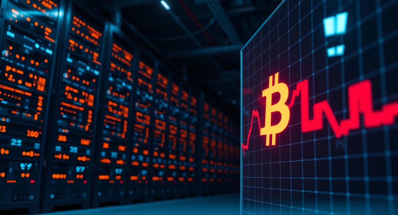 Bitcoin exchange server room with declining price chart and BTC logo on display