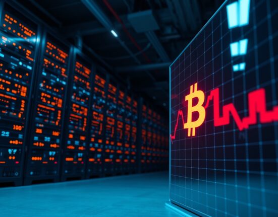 Bitcoin exchange server room with declining price chart and BTC logo on display