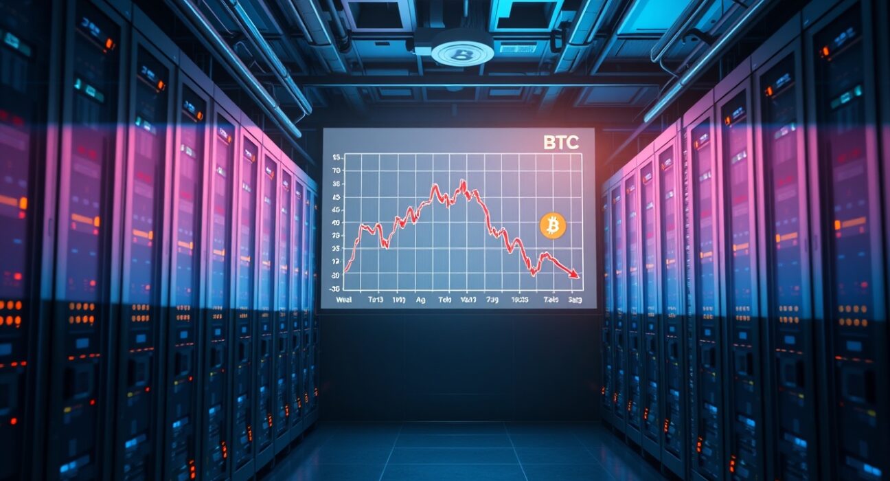 Bitcoin price chart on server screen in data center with red downward arrow indicating selling pressure