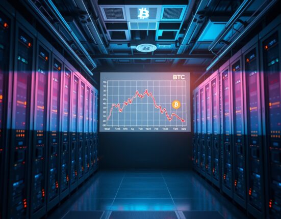 Bitcoin price chart on server screen in data center with red downward arrow indicating selling pressure