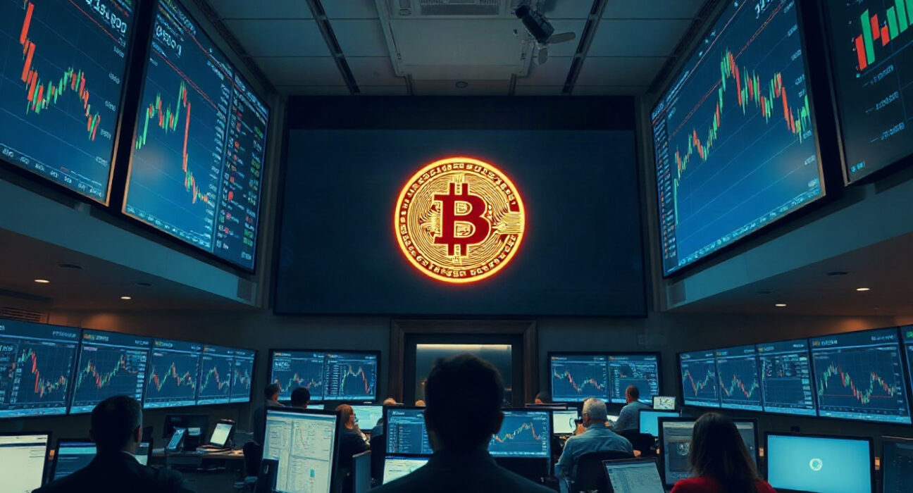 Bitcoin price charts displayed on trading screens at a cryptocurrency exchange