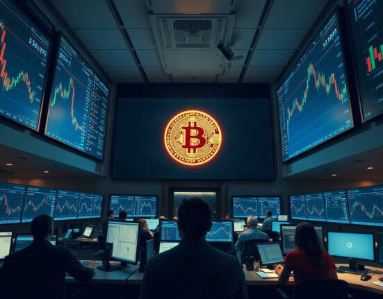 Bitcoin price charts displayed on trading screens at a cryptocurrency exchange