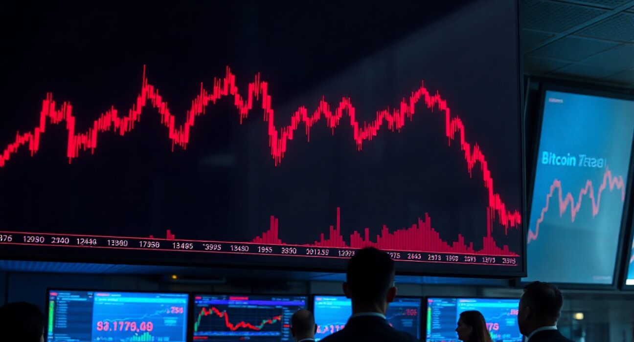 Trading floor with a large digital display showing a declining Bitcoin price chart in red, indicating market sell pressure.