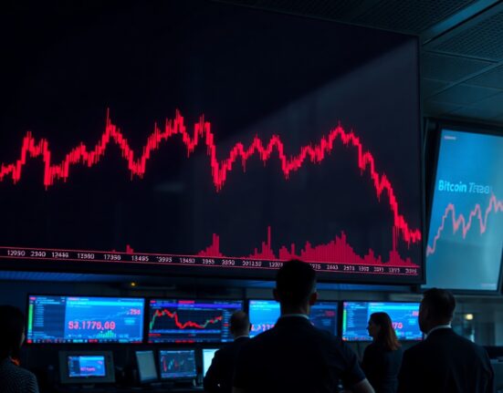 Trading floor with a large digital display showing a declining Bitcoin price chart in red, indicating market sell pressure.