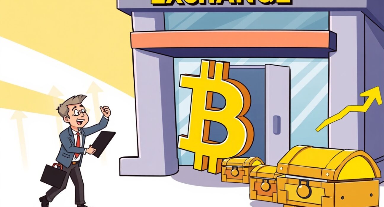A cartoon shows a significant Bitcoin exchange outflow, with BTC moving from exchanges to private wallets, signaling a bullish trend.