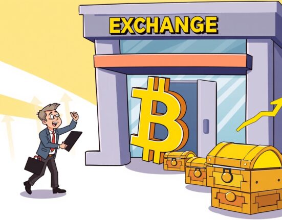 A cartoon shows a significant Bitcoin exchange outflow, with BTC moving from exchanges to private wallets, signaling a bullish trend.