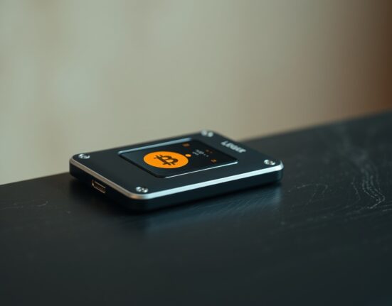 A secure hardware wallet representing Bitcoin investor accumulation and long-term holding strategy.
