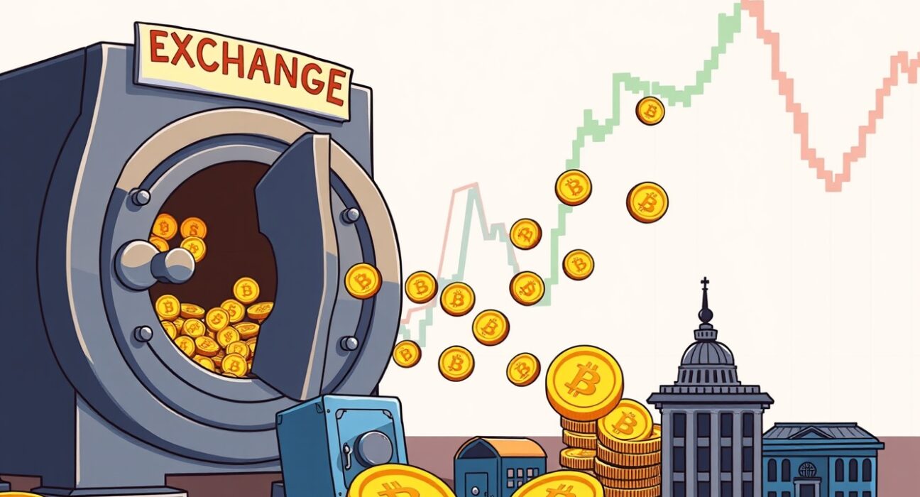 Cartoon illustration of Bitcoin flowing out of a central exchange vault, symbolizing the drop in Bitcoin exchange reserves.