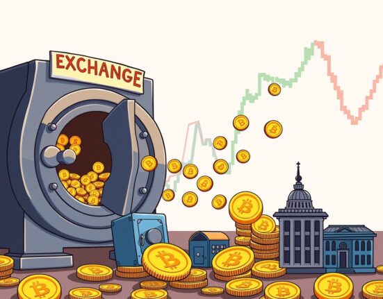 Cartoon illustration of Bitcoin flowing out of a central exchange vault, symbolizing the drop in Bitcoin exchange reserves.