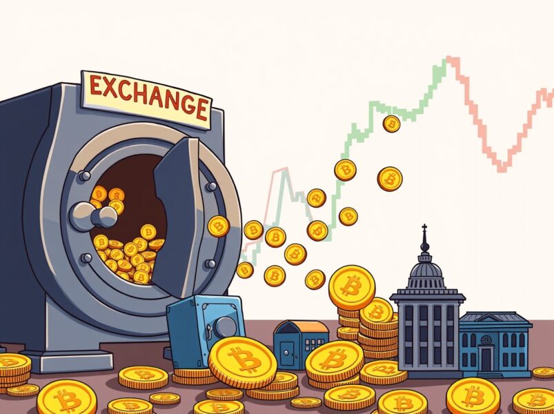 Cartoon illustration of Bitcoin flowing out of a central exchange vault, symbolizing the drop in Bitcoin exchange reserves.