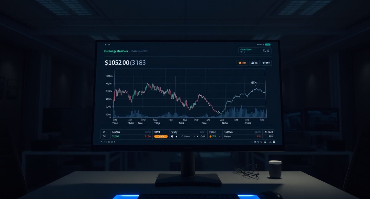 Cryptocurrency trading dashboard showing Bitcoin exchange reserves at a multi-year low