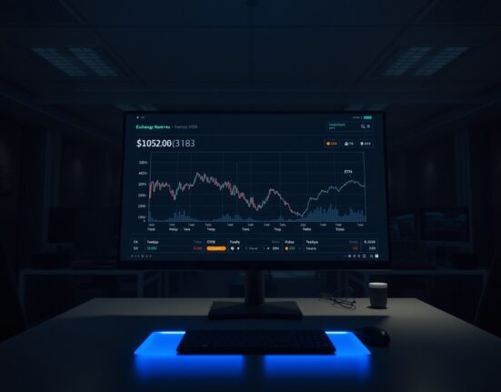 Cryptocurrency trading dashboard showing Bitcoin exchange reserves at a multi-year low