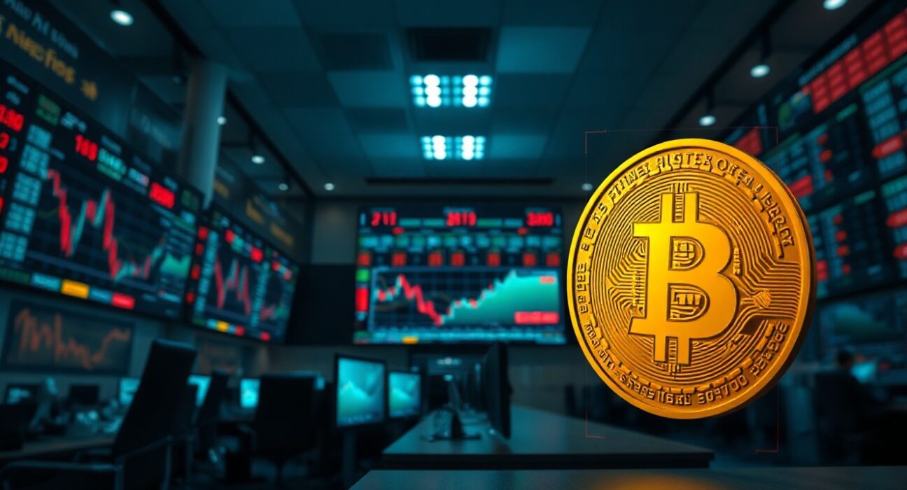 Bitcoin coin and trading charts on screens in a professional trading floor, representing exchange reserves and market analysis