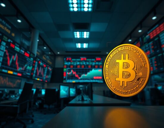 Bitcoin coin and trading charts on screens in a professional trading floor, representing exchange reserves and market analysis