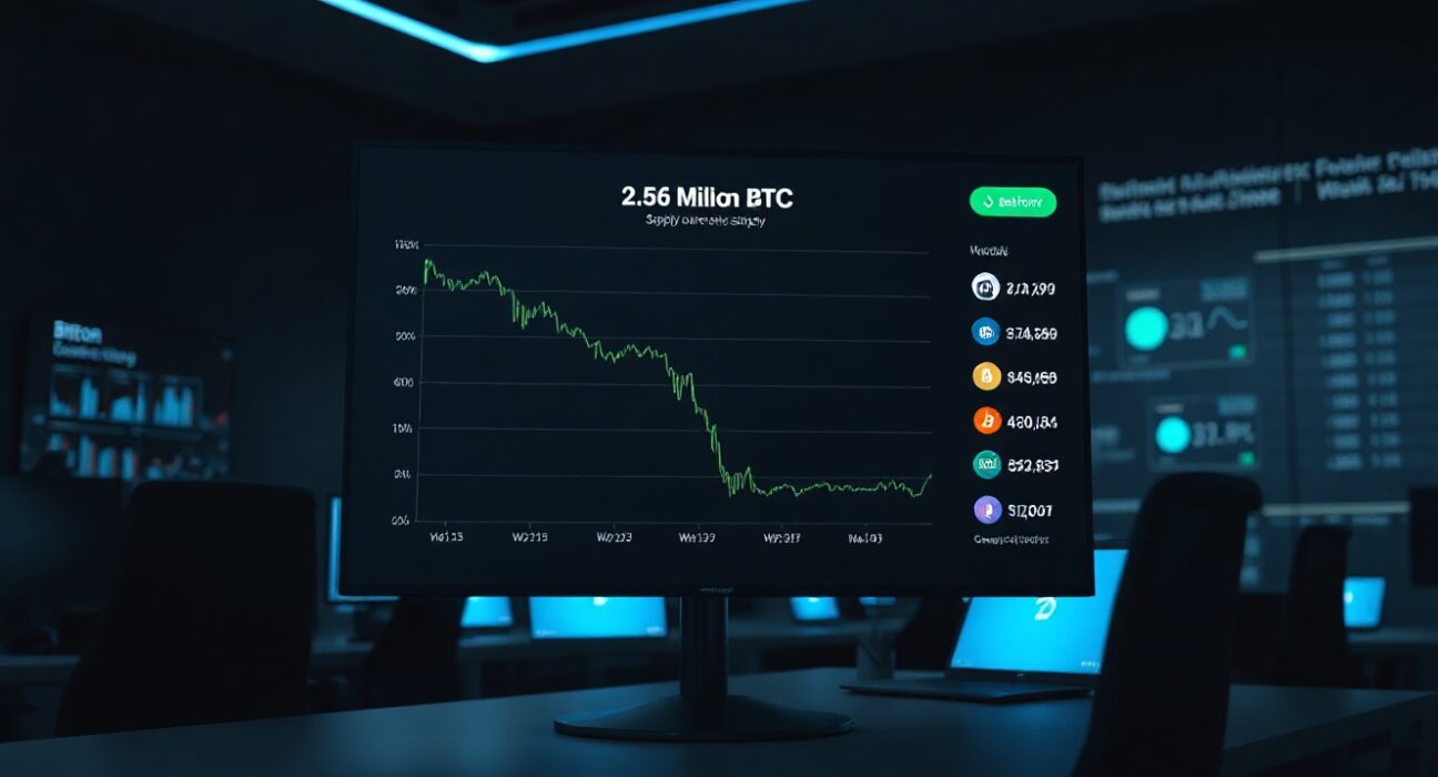 Bitcoin exchange supply graph showing 2.56 million BTC, the lowest level since 2020, on a professional trading screen.