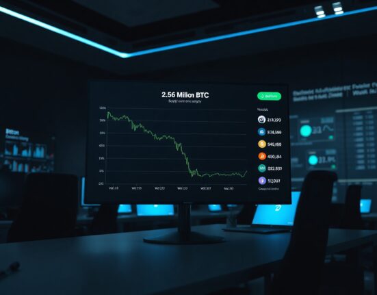 Bitcoin exchange supply graph showing 2.56 million BTC, the lowest level since 2020, on a professional trading screen.