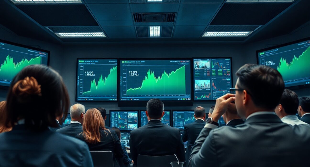 Traders monitoring Bitcoin price charts on large screens in a modern trading floor.