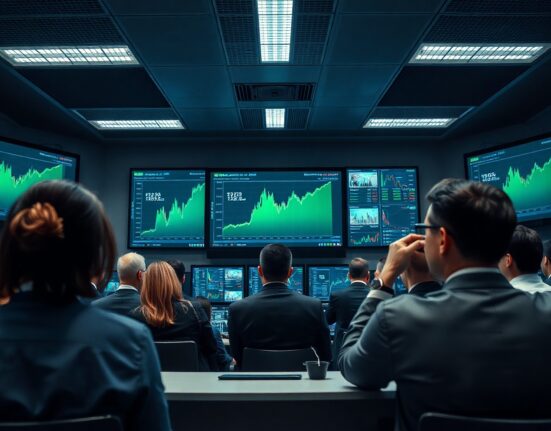 Traders monitoring Bitcoin price charts on large screens in a modern trading floor.
