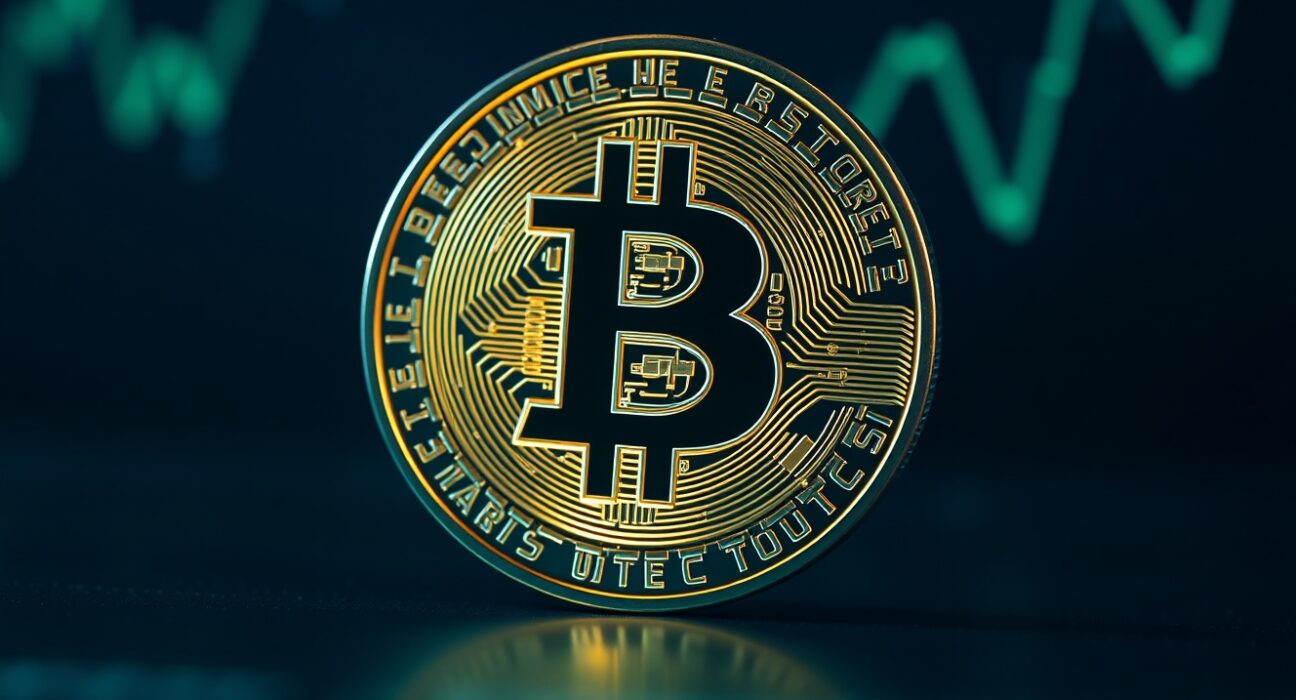 Bitcoin coin with upward-trending charts symbolizing market recovery and momentum