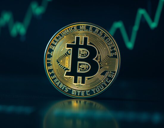Bitcoin coin with upward-trending charts symbolizing market recovery and momentum