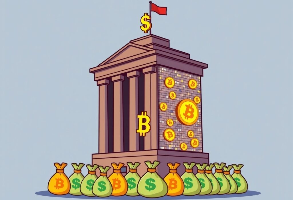 A cartoon illustration depicting a traditional financial institution evolving to embrace Bitcoin exposure, symbolizing significant institutional investment growth.