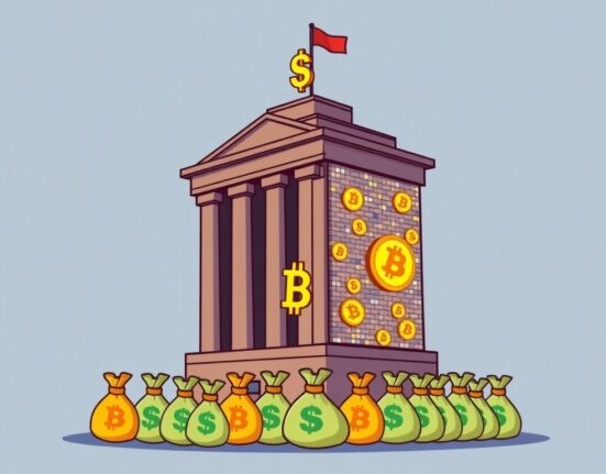 A cartoon illustration depicting a traditional financial institution evolving to embrace Bitcoin exposure, symbolizing significant institutional investment growth.