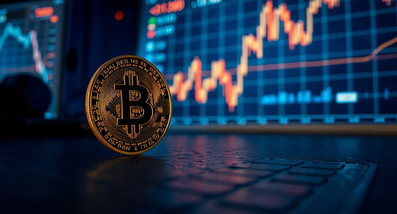 Bitcoin coin on a dark surface with a glowing bullish chart overlay in a dimly lit trading desk setting.