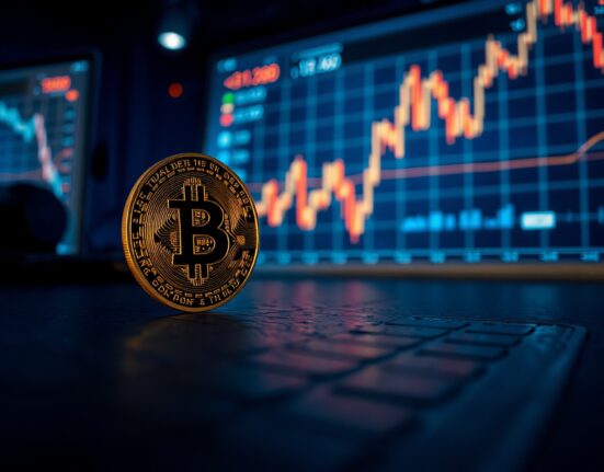 Bitcoin coin on a dark surface with a glowing bullish chart overlay in a dimly lit trading desk setting.
