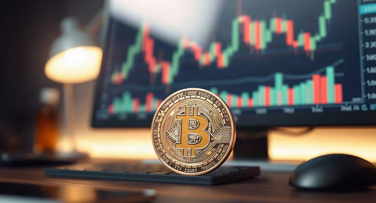 Bitcoin coin in foreground with trading charts on a monitor in the background, symbolizing market movements.