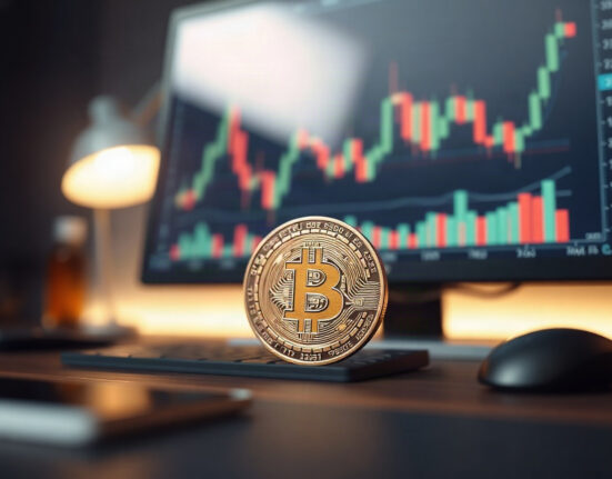 Bitcoin coin in foreground with trading charts on a monitor in the background, symbolizing market movements.