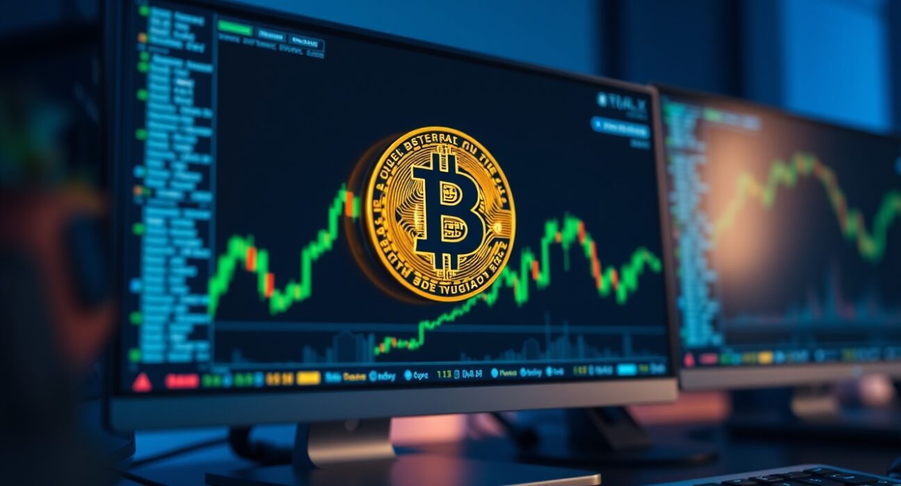 Bitcoin coin on a dark trading desk with green upward chart lines, representing a bullish on-chain signal.
