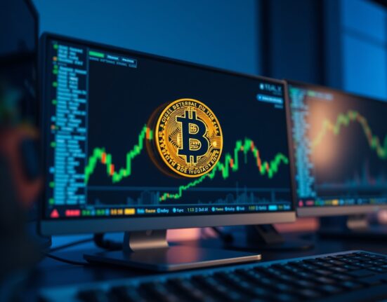 Bitcoin coin on a dark trading desk with green upward chart lines, representing a bullish on-chain signal.